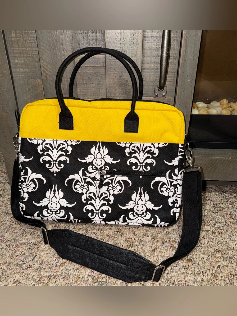 2008 Jacqueline savage Yellow and Black‎ Damask Laptop Bag 14.5x11